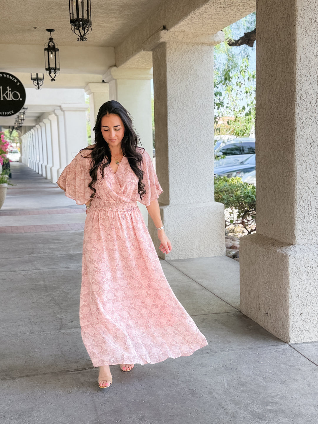 The Celeste Floral Flutter Sleeve Smocked Maxi Dress - Mauve