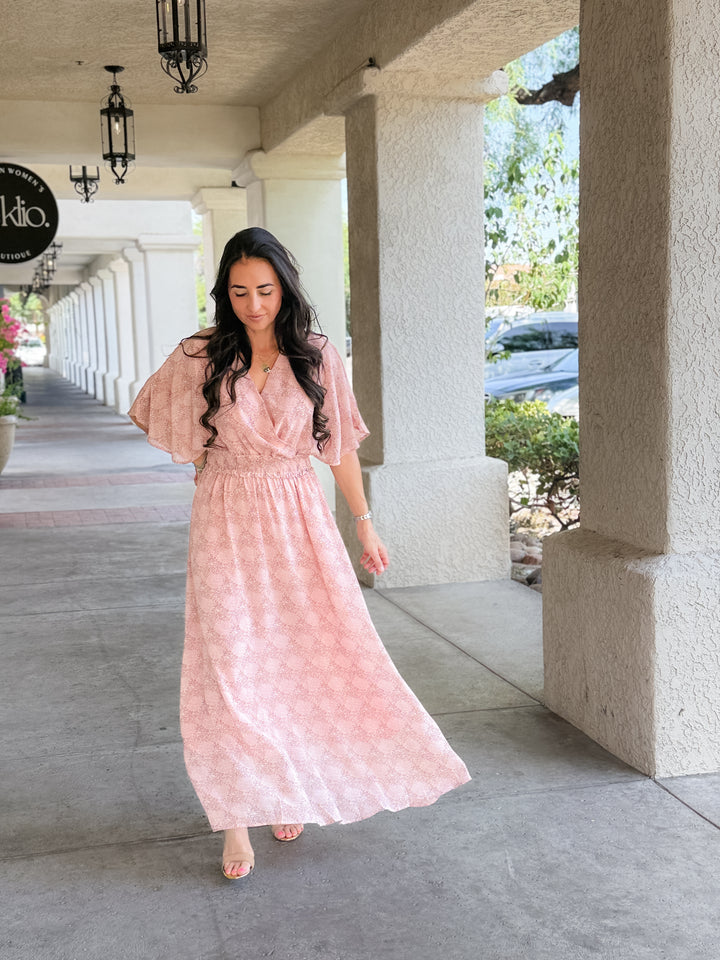 The Celeste Floral Flutter Sleeve Smocked Maxi Dress - Mauve