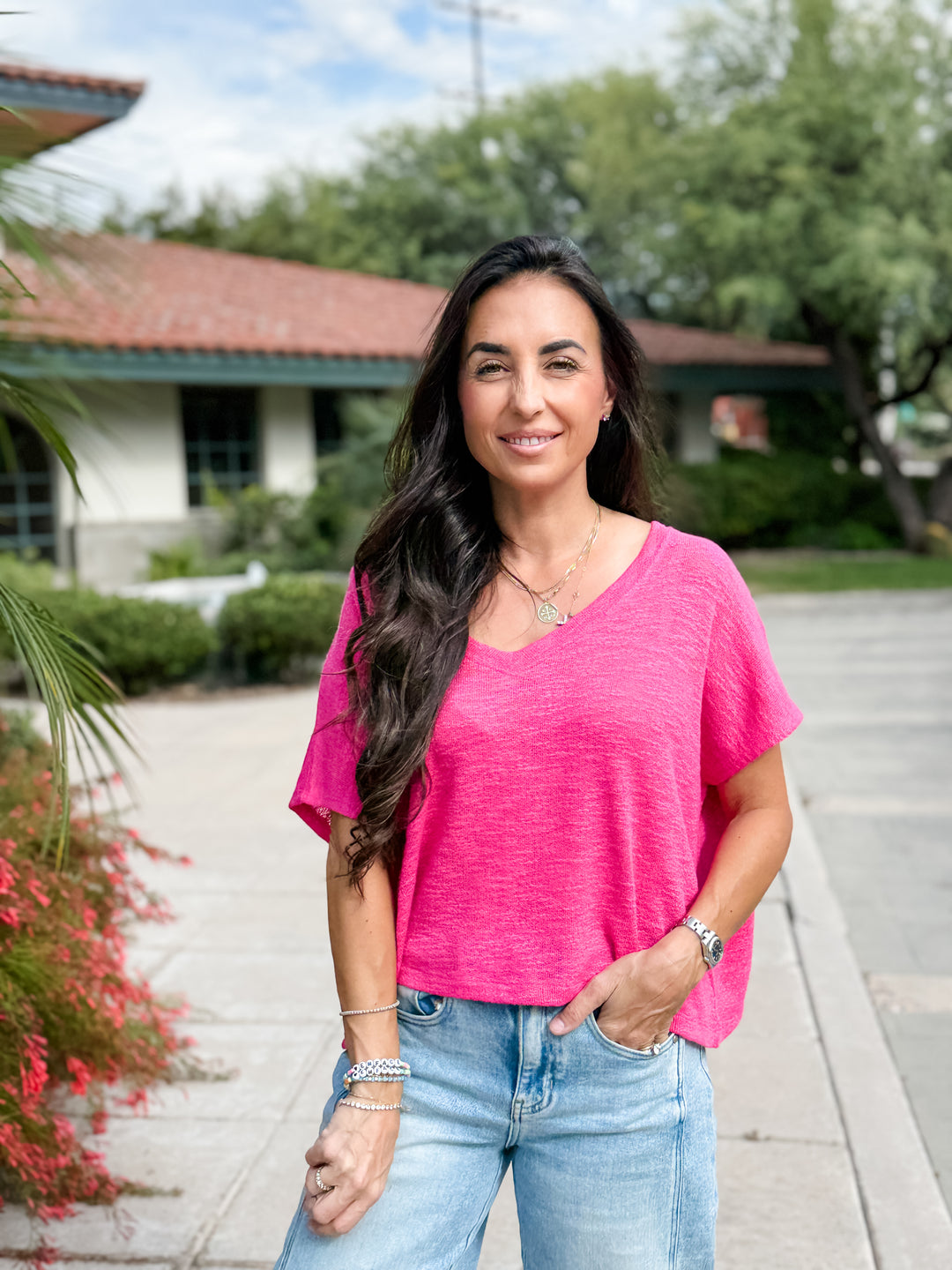 The Rylee V-Neck Light Knit Top - Hot Pink
