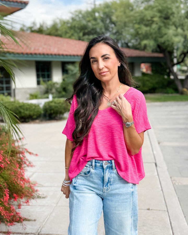 The Rylee V-Neck Light Knit Top - Hot Pink