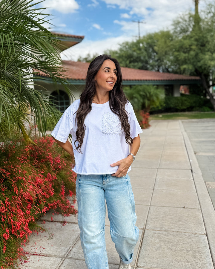 The Crochet Pocket Boxy Tee - White