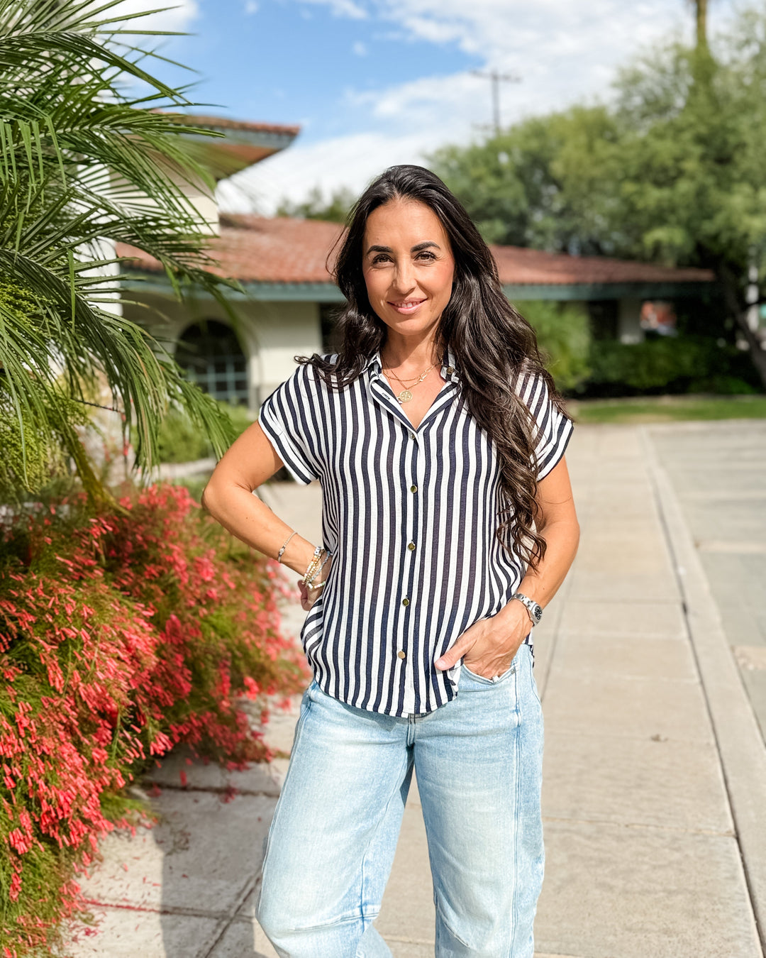The Harper Striped Sleeveless Button Down - Navy