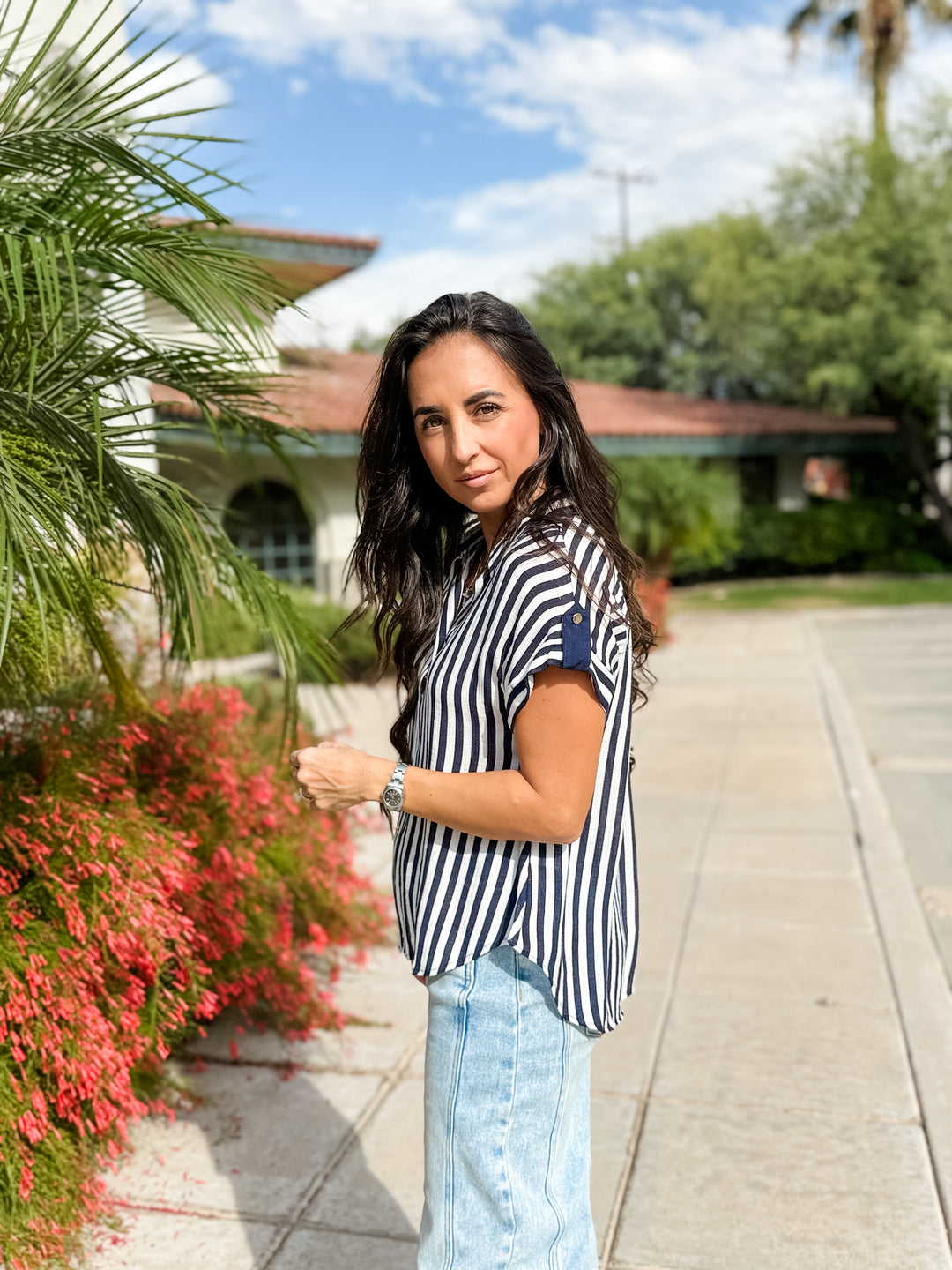 The Harper Striped Sleeveless Button Down - Navy