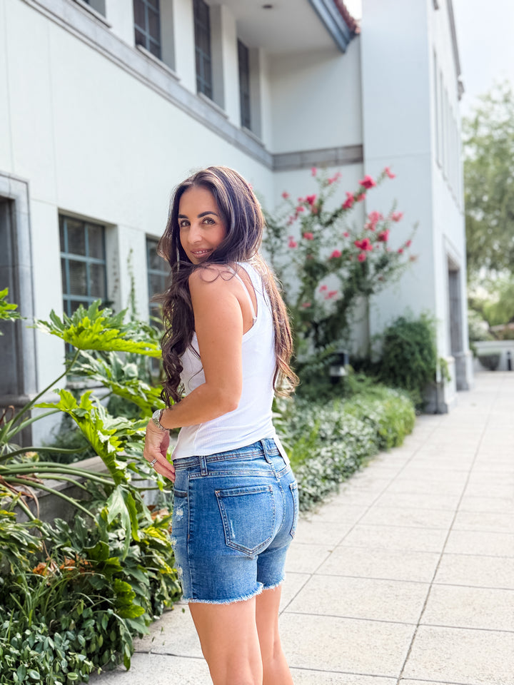 The Riley Mid Rise Thigh Denim Shorts by Eunina