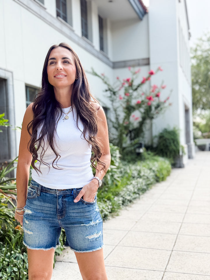 The Riley Mid Rise Thigh Denim Shorts by Eunina