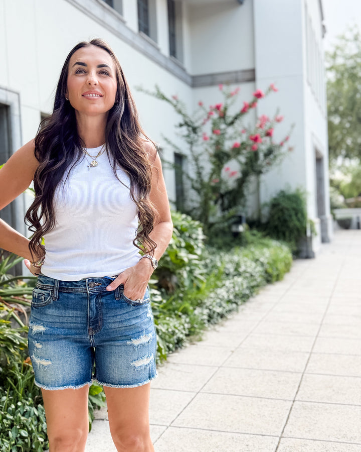 The Riley Mid Rise Thigh Denim Shorts by Eunina