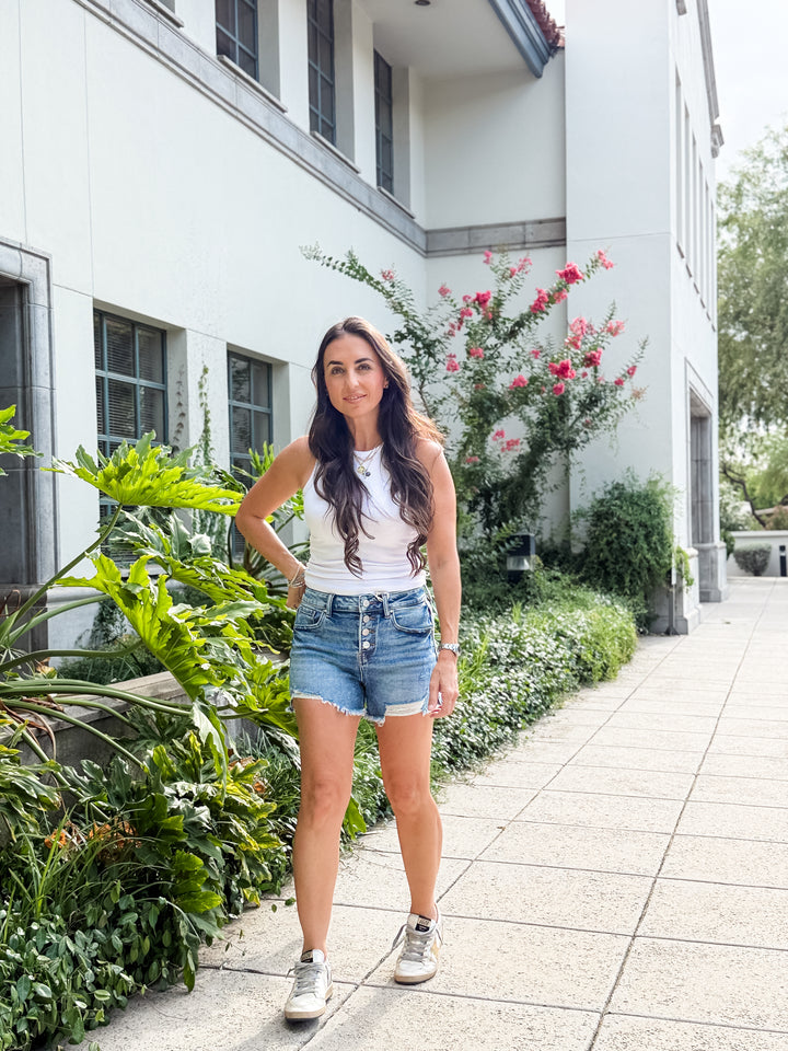 The Billie High Rise Button Denim Shorts