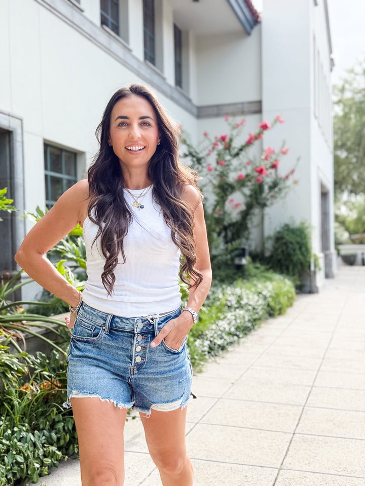 The Billie High Rise Button Denim Shorts
