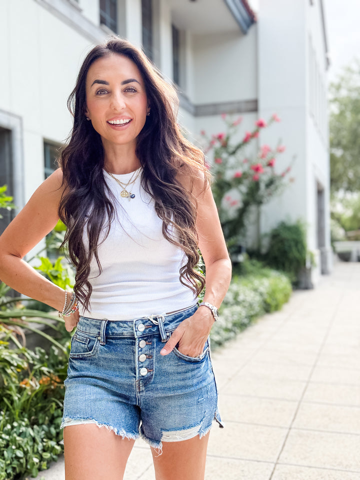 The Billie High Rise Button Denim Shorts