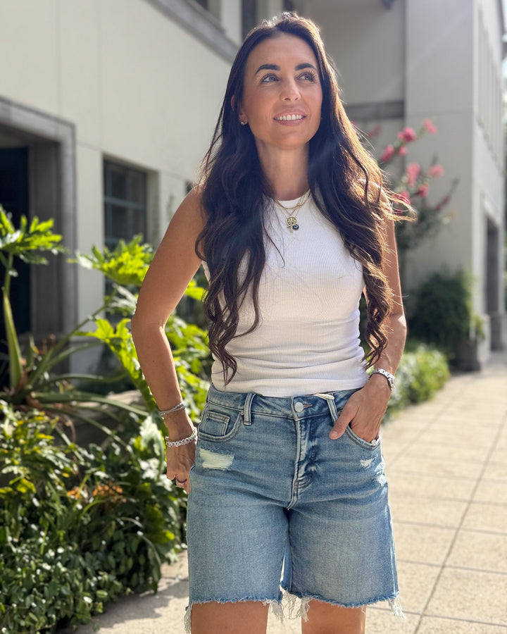 The Harlow Tummy Control High Rise Mid Length Denim Shorts