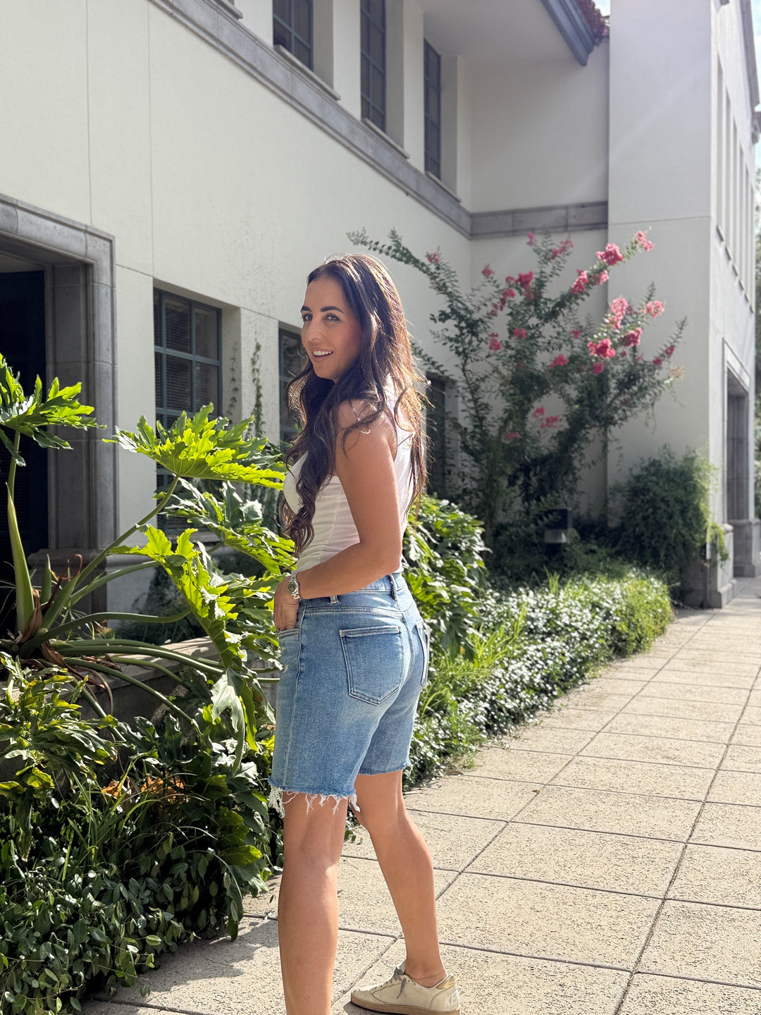 The Harlow Tummy Control High Rise Mid Length Denim Shorts