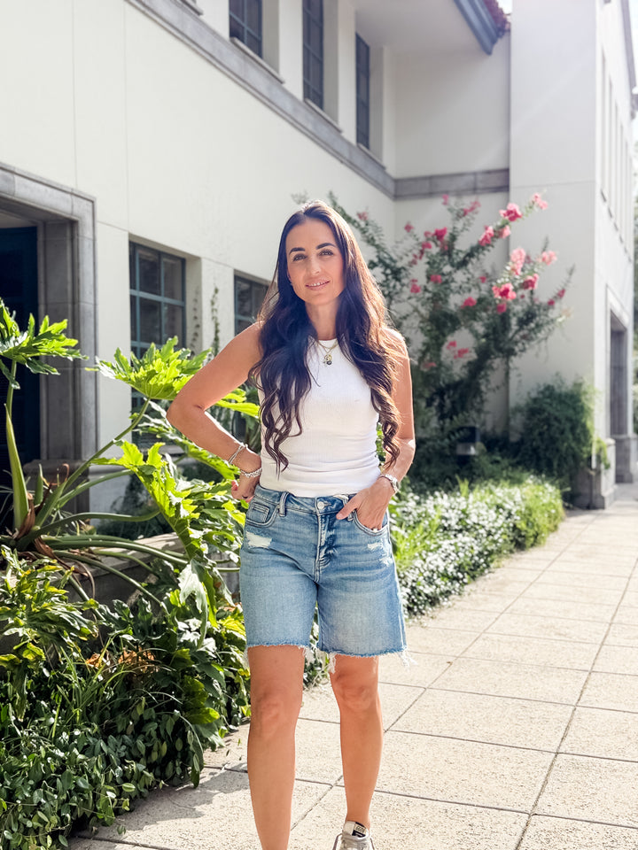 The Harlow Tummy Control High Rise Mid Length Denim Shorts