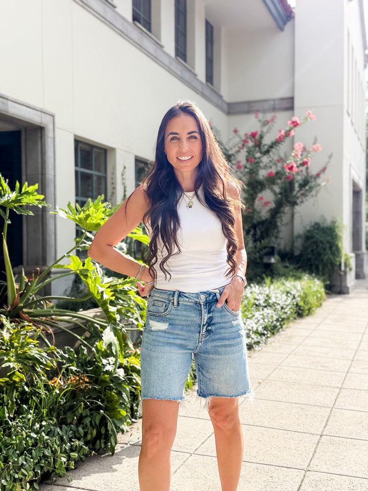 The Harlow Tummy Control High Rise Mid Length Denim Shorts