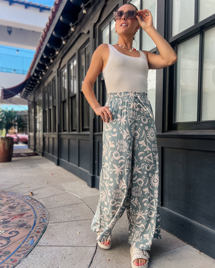 The Ava Print Pants - Sage