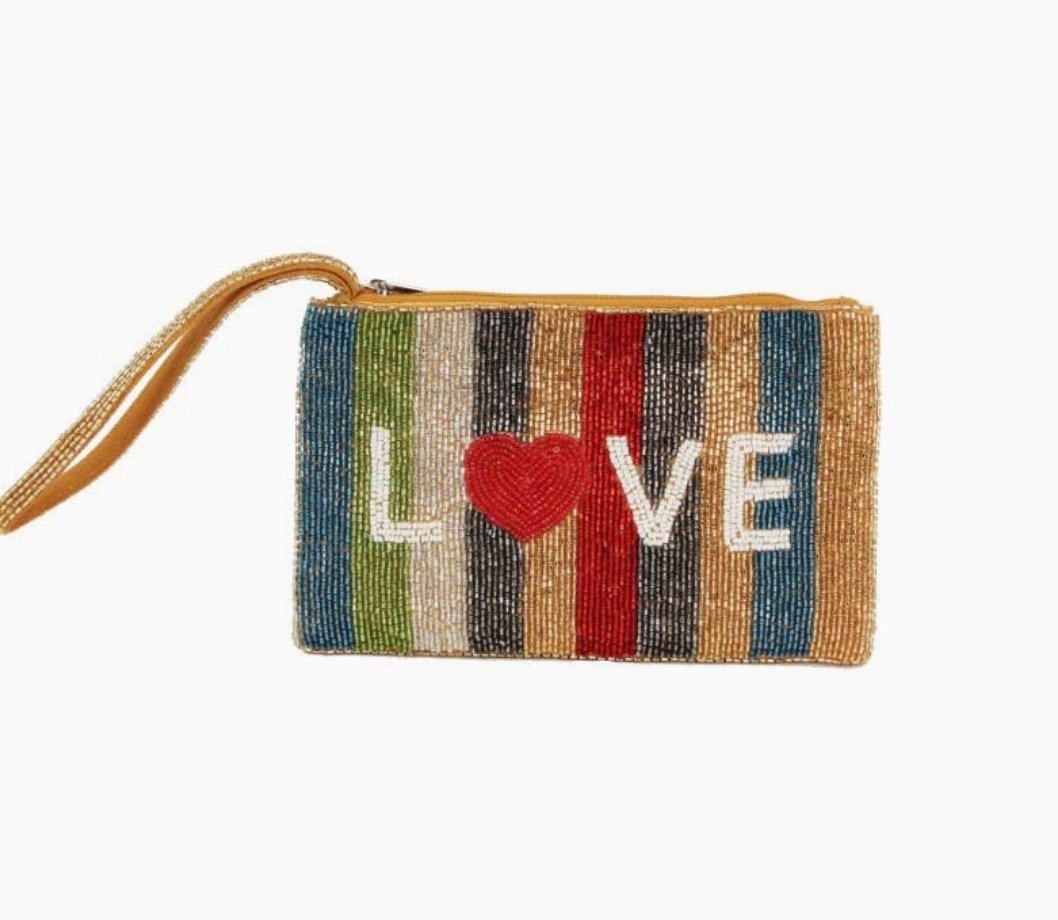 Colorful fully beaded wristlet clutch with bold LOVE lettering and a striped design