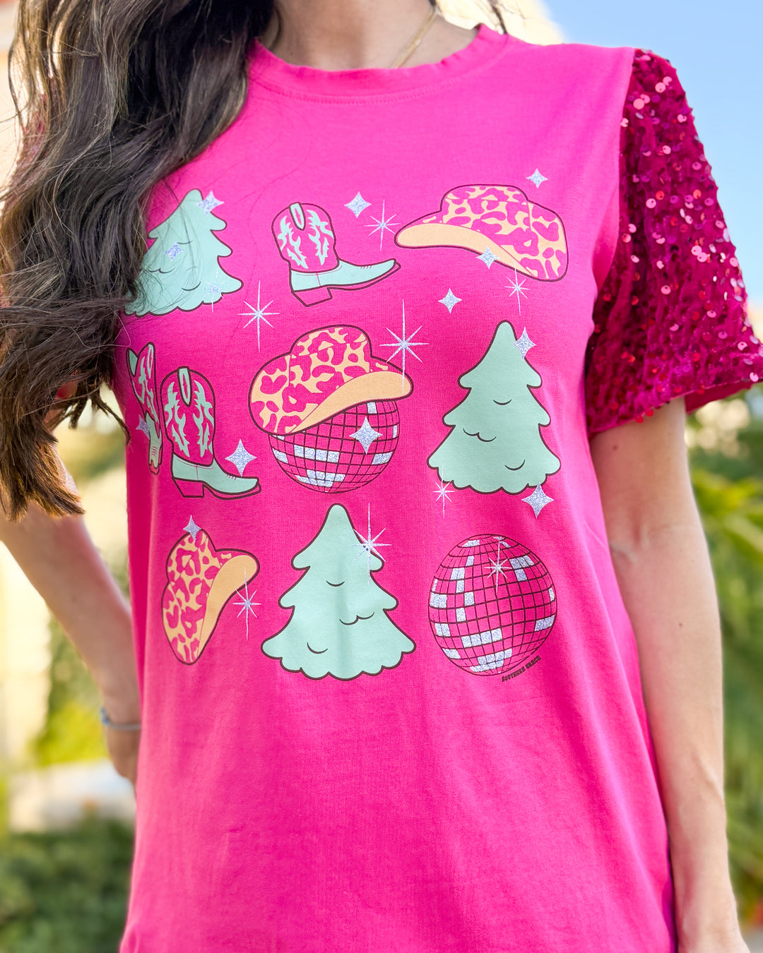 Western Christmas Fuchsia Top With Sequins Puff Sleeve 1