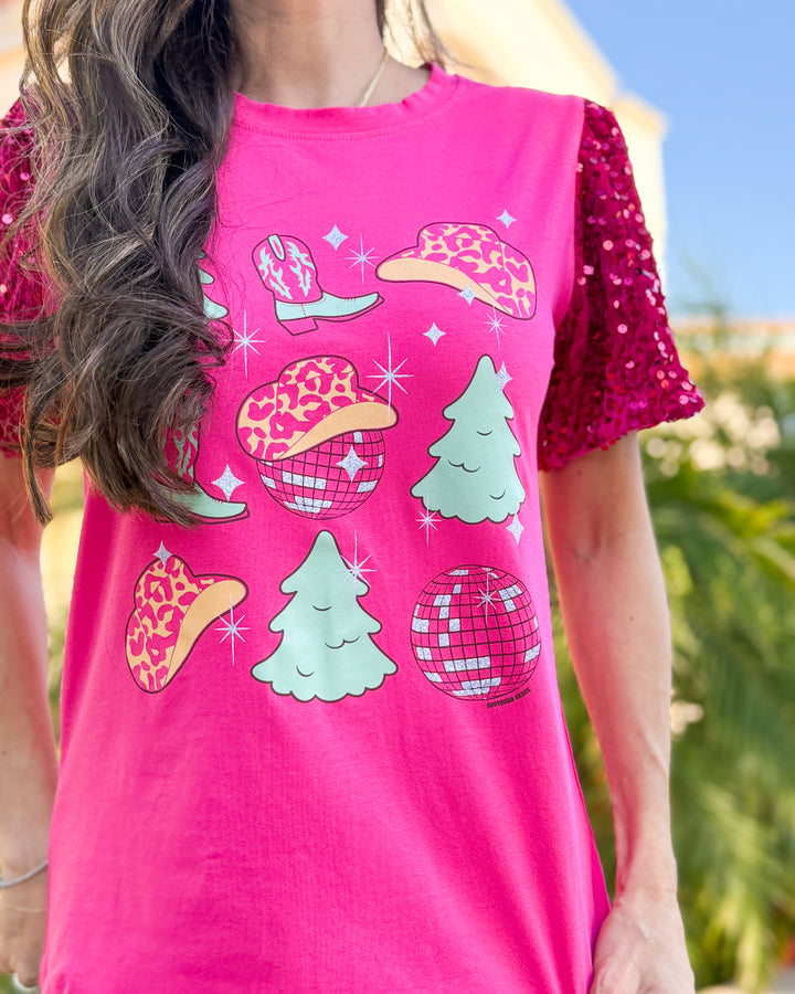 Western Christmas Fuchsia Top With Sequins Puff Sleeve 2