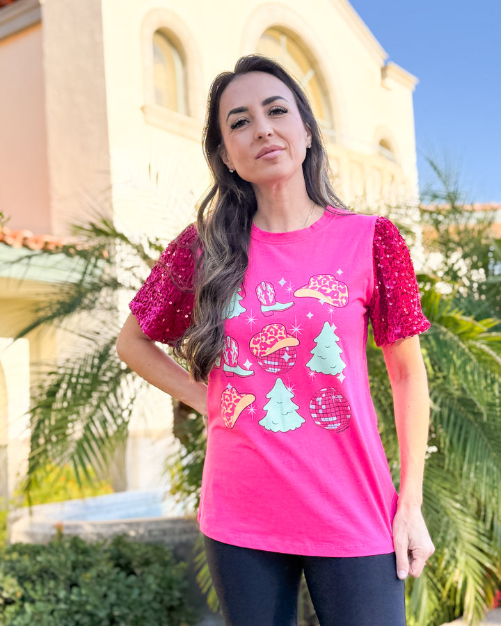 Western Christmas Fuchsia Top With Sequins Puff Sleeve 3