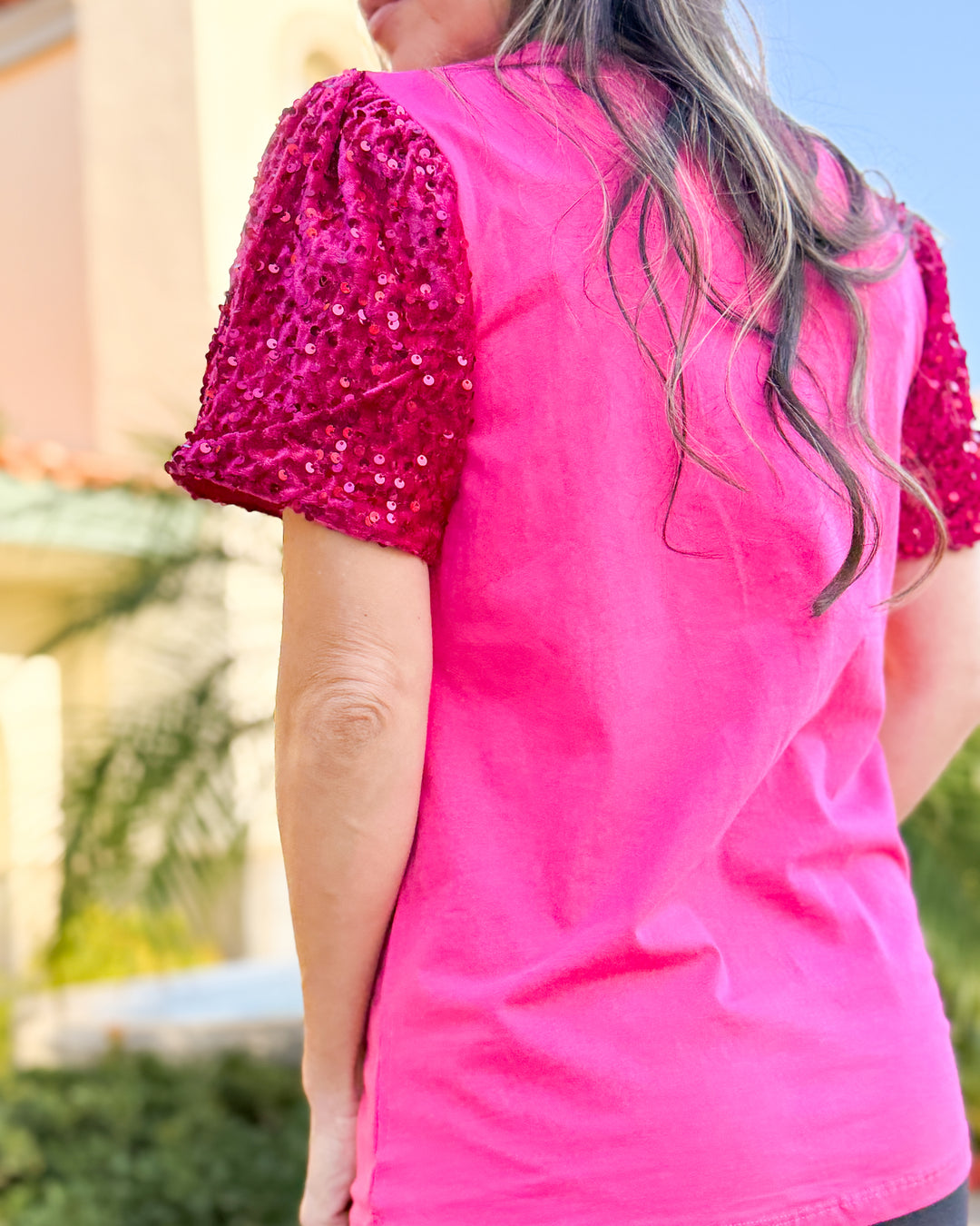 Western Christmas Fuchsia Top With Sequins Puff Sleeve 5