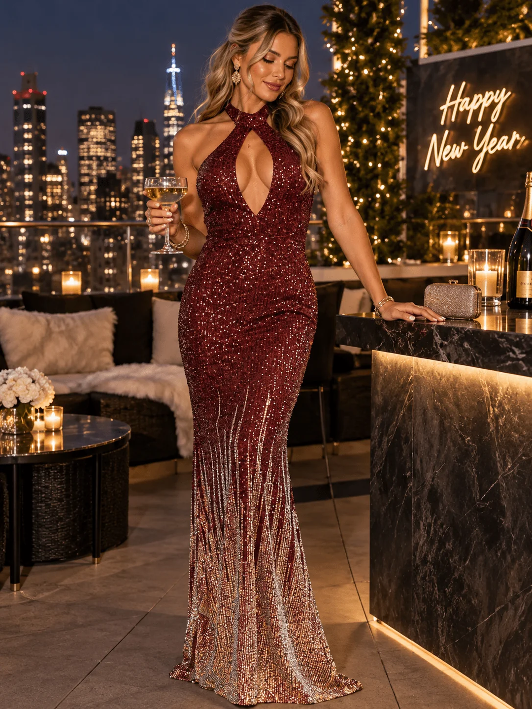 The Vivienne Sequin Halter Cutout Gown with a keyhole neckline, fitted silhouette, and flared floor-length hem.